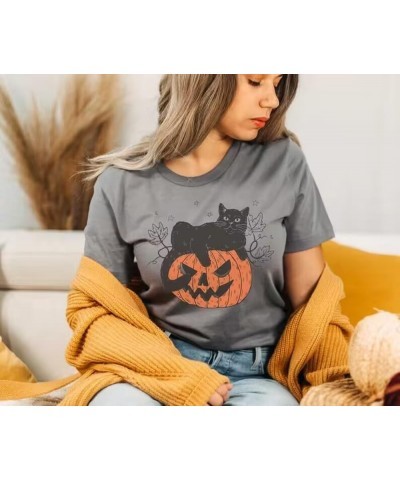 Halloween Thanksgiving Pumpkin Shirts Women Fall T-Shirts Cute Autumn Graphic Tees Tops Cat $11.39 T-Shirts