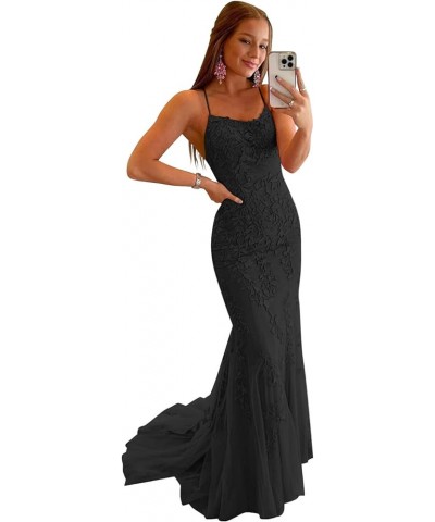 Women's Long Lace Prom Dresses Mermaid Spaghetti Straps Backless Formal Evening Gowns Black $47.05 Dresses