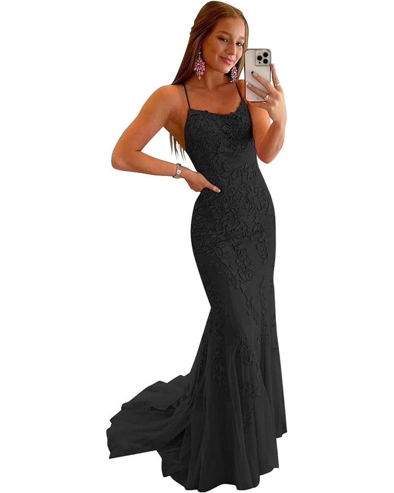 Women's Long Lace Prom Dresses Mermaid Spaghetti Straps Backless Formal Evening Gowns Black $47.05 Dresses