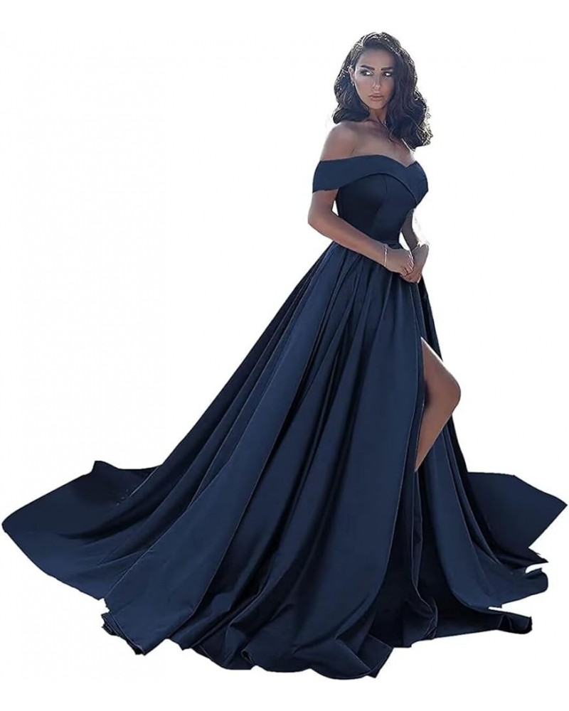 Women's Off The Shoulder Ball Gown Prom Dress with Slit Satin Long Formal Evening Dress Navy Blue $35.20 Dresses