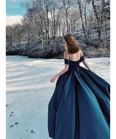 Women's Off The Shoulder Ball Gown Prom Dress with Slit Satin Long Formal Evening Dress Navy Blue $35.20 Dresses