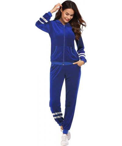 Womens Casual Velour Tracksuit Set Full Zip Hoodie Long Workout Pants Tracksuit Jogging Suits XS-XXL Par Blue $19.79 Activewear