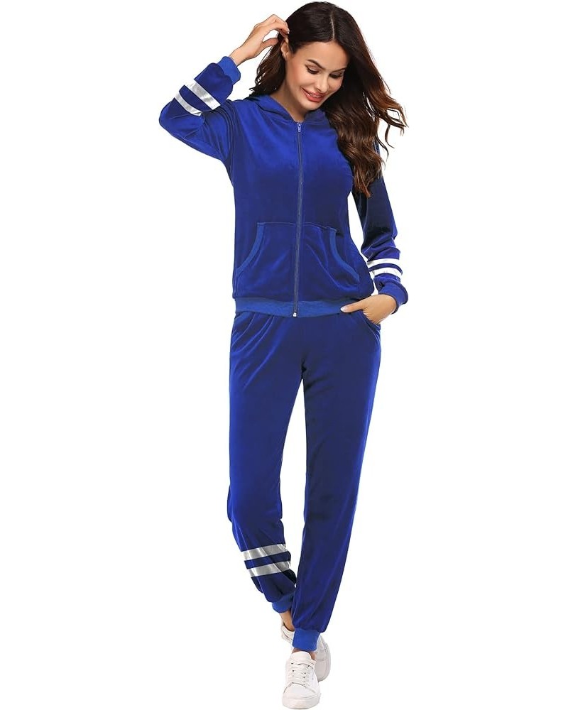 Womens Casual Velour Tracksuit Set Full Zip Hoodie Long Workout Pants Tracksuit Jogging Suits XS-XXL Par Blue $19.79 Activewear