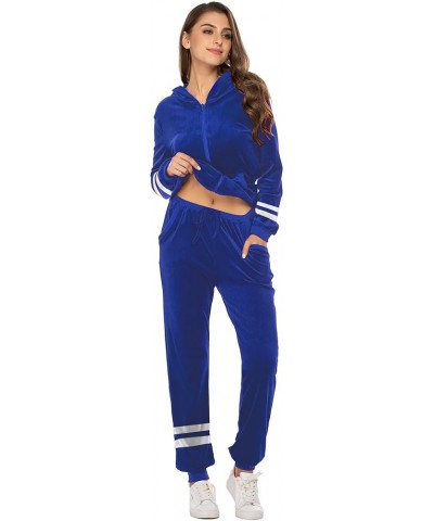 Womens Casual Velour Tracksuit Set Full Zip Hoodie Long Workout Pants Tracksuit Jogging Suits XS-XXL Par Blue $19.79 Activewear