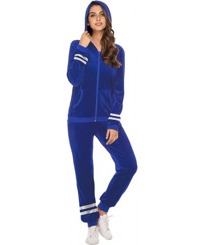 Womens Casual Velour Tracksuit Set Full Zip Hoodie Long Workout Pants Tracksuit Jogging Suits XS-XXL Par Blue $19.79 Activewear