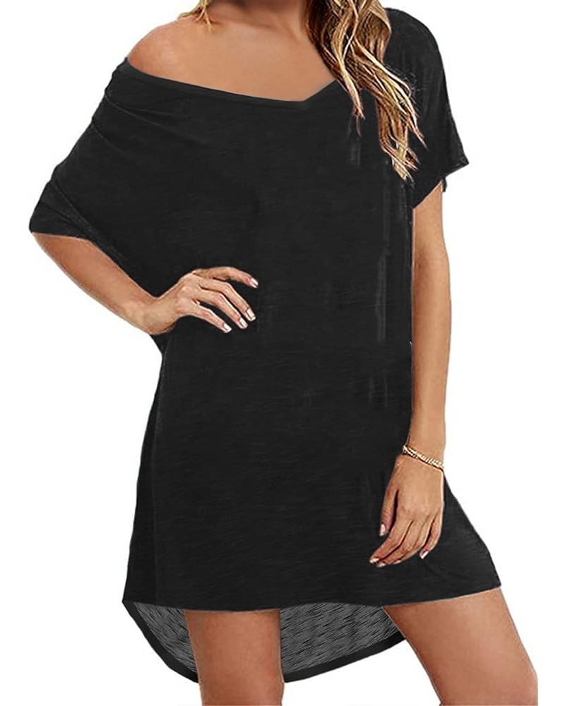 Swimsuit Cover Up Women's Beach Dress Plus Size Bathing Suit Coverup Casual T Shirt Dresses Beachwear Solid Black $14.74 Swim...