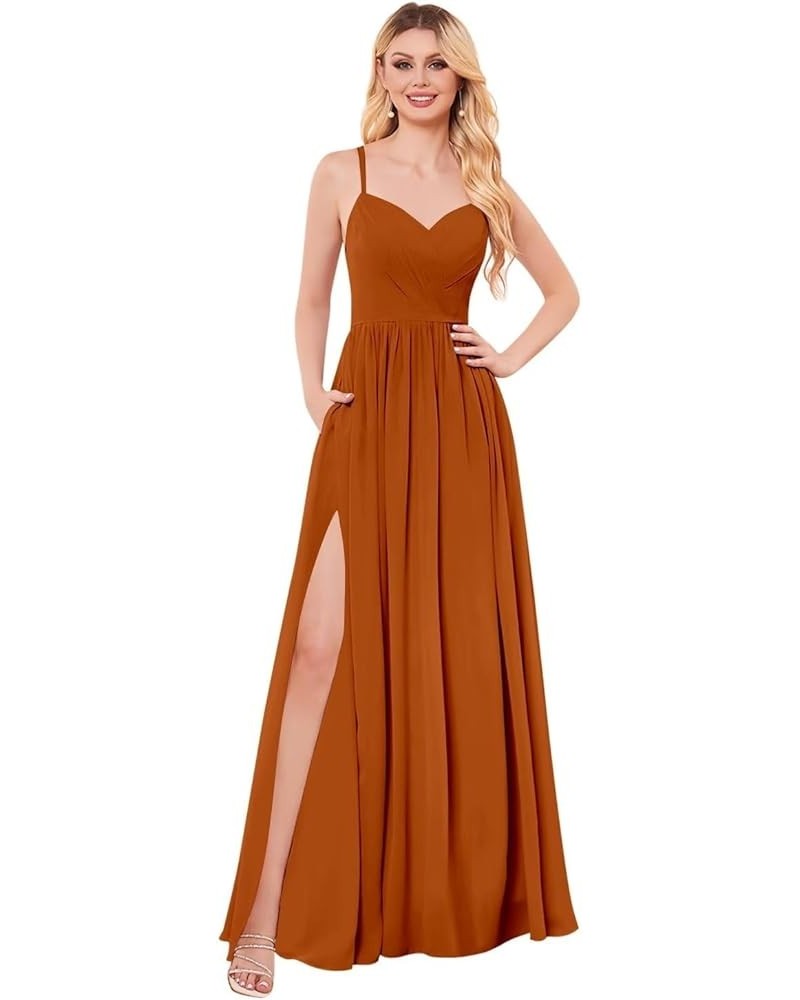 Spaghetti Strap Chiffon Bridesmaid Dresses Long Slit V-Neck Backless A-Line Formal Evening Gown Burnt Orange $32.39 Dresses