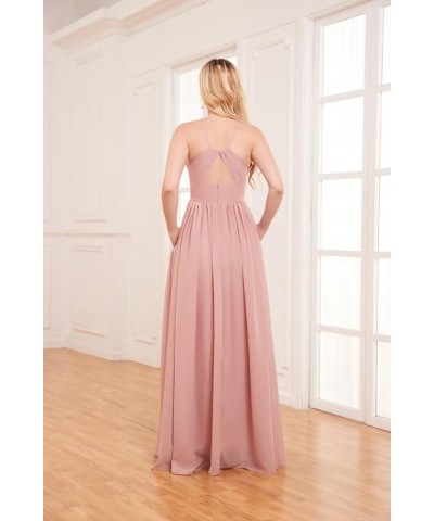 Spaghetti Strap Chiffon Bridesmaid Dresses Long Slit V-Neck Backless A-Line Formal Evening Gown Burnt Orange $32.39 Dresses