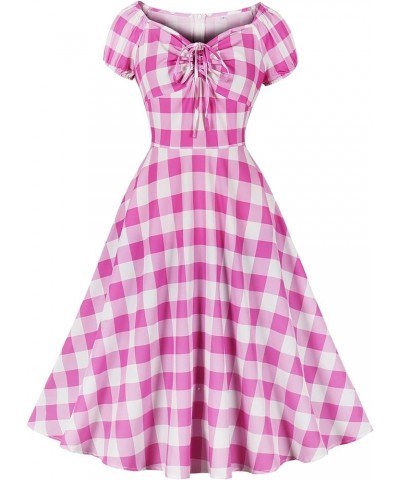 Women's Convertible Off Shoulder Tie Ruched Front 1950s Vintage Dress Plaid Pink $15.49 Dresses