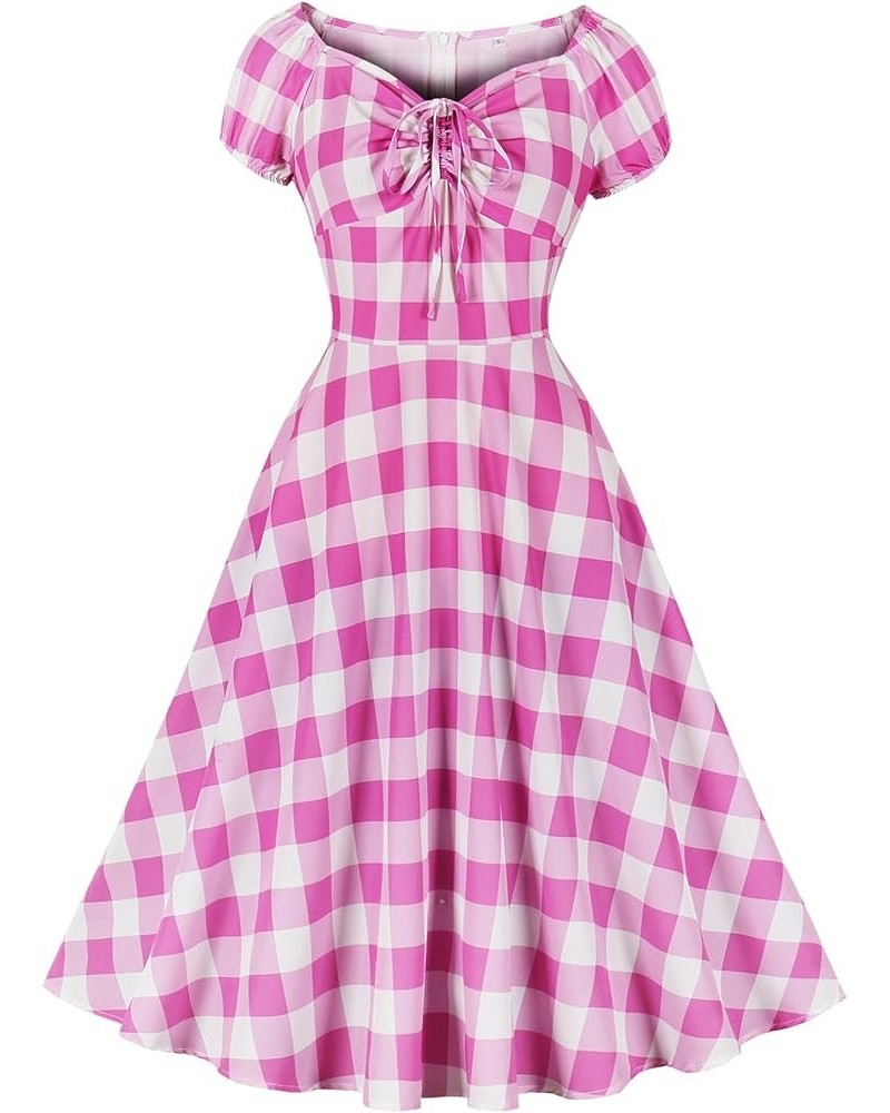 Women's Convertible Off Shoulder Tie Ruched Front 1950s Vintage Dress Plaid Pink $15.49 Dresses