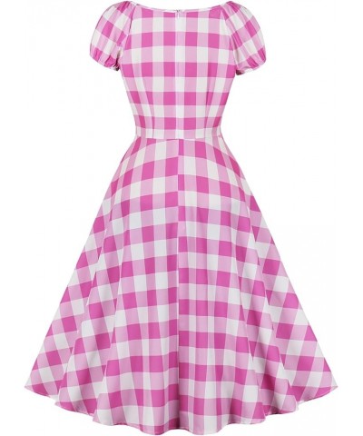 Women's Convertible Off Shoulder Tie Ruched Front 1950s Vintage Dress Plaid Pink $15.49 Dresses