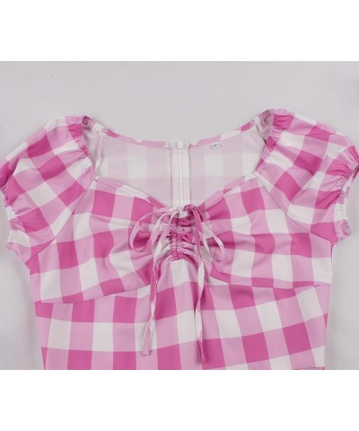 Women's Convertible Off Shoulder Tie Ruched Front 1950s Vintage Dress Plaid Pink $15.49 Dresses