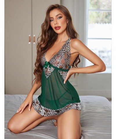 Women V-Neck Lingerie Lace Babydoll Mesh Chemise Nightwear Outfits S-4XL Dark Green $10.31 Lingerie