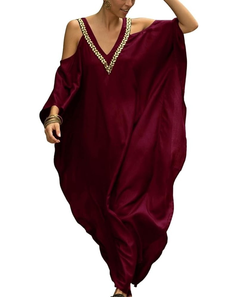 Cold Shoulder Turkish Kaftan Dresses for Women Plus Size Caftans A-wine Red $20.64 Swimsuits