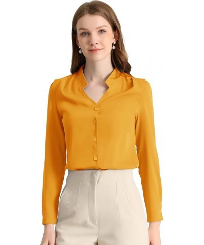 Women's Work Office Blouse Button Up Long Sleeve V Neck Chiffon Shirt Yellow $18.69 Blouses