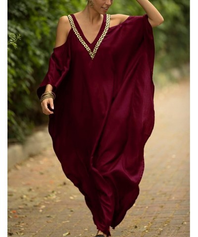 Cold Shoulder Turkish Kaftan Dresses for Women Plus Size Caftans A-wine Red $20.64 Swimsuits