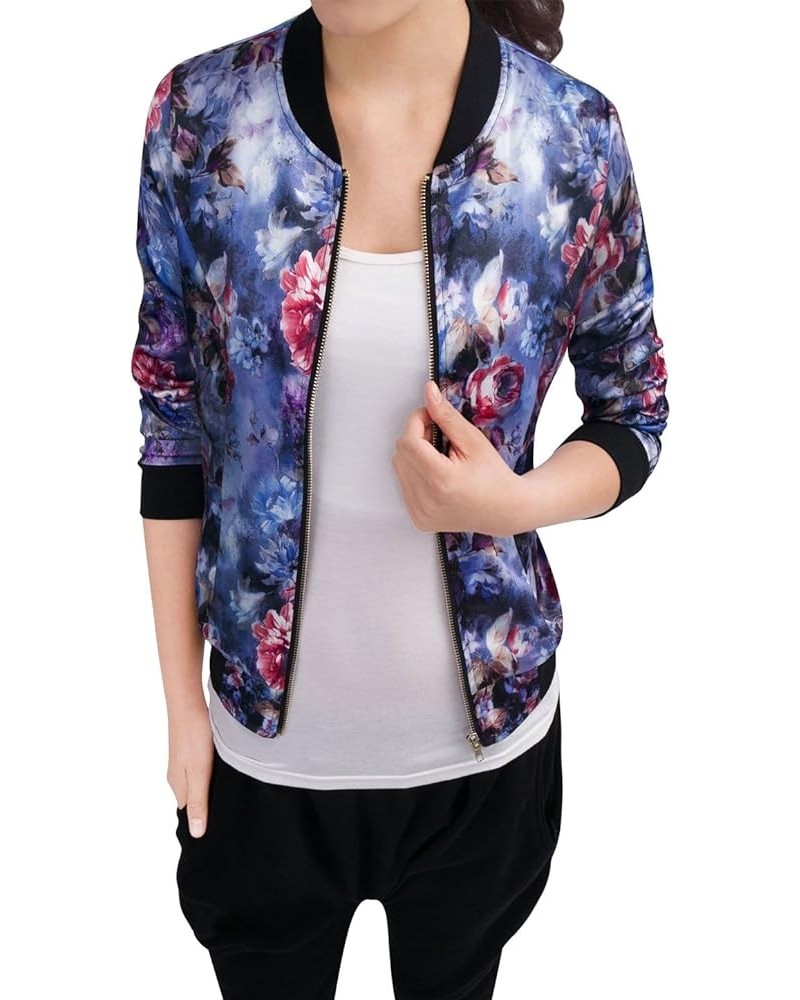 Women's Stand Collar Zip Up Floral Print Bomber Jacket Blue $18.07 Jackets