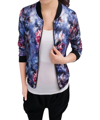 Women's Stand Collar Zip Up Floral Print Bomber Jacket Blue $18.07 Jackets