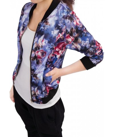 Women's Stand Collar Zip Up Floral Print Bomber Jacket Blue $18.07 Jackets