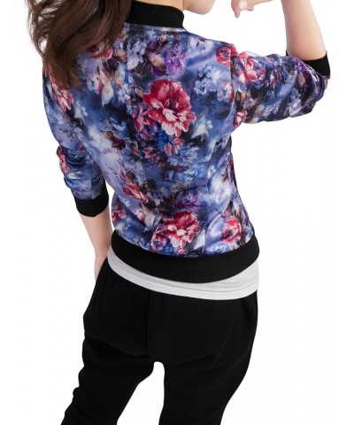 Women's Stand Collar Zip Up Floral Print Bomber Jacket Blue $18.07 Jackets