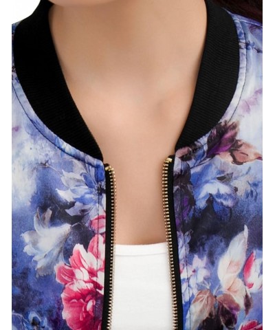 Women's Stand Collar Zip Up Floral Print Bomber Jacket Blue $18.07 Jackets