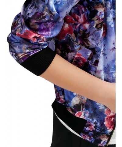 Women's Stand Collar Zip Up Floral Print Bomber Jacket Blue $18.07 Jackets