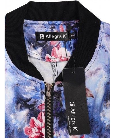 Women's Stand Collar Zip Up Floral Print Bomber Jacket Blue $18.07 Jackets