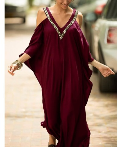 Cold Shoulder Turkish Kaftan Dresses for Women Plus Size Caftans A-wine Red $20.64 Swimsuits