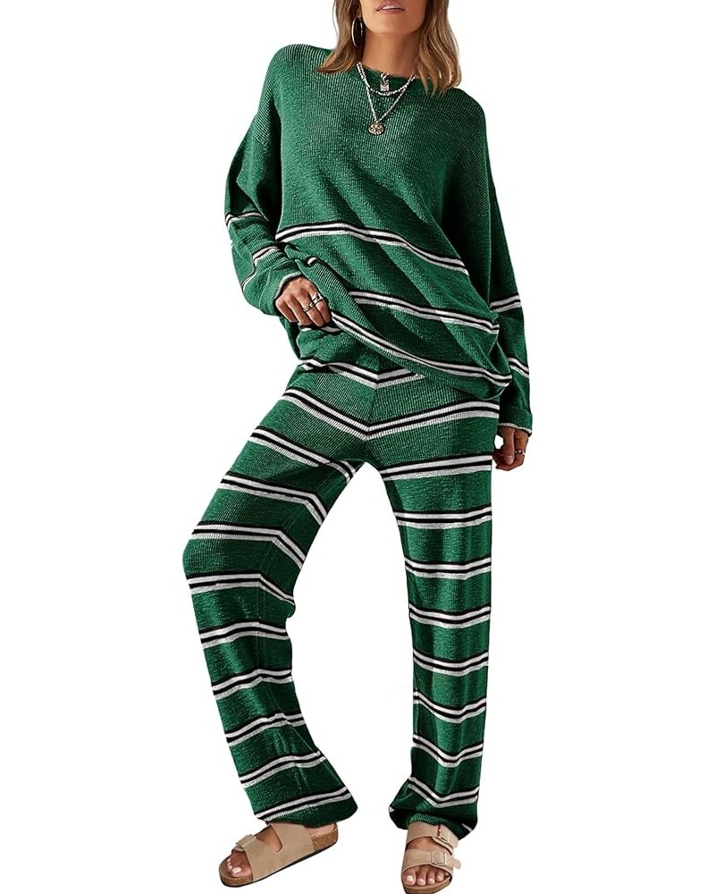 Womens 2 Piece Outfits Lounge Sets Striped Sweater Sets Cozy Knit Long Sleeve Pullover Green $25.14 Activewear