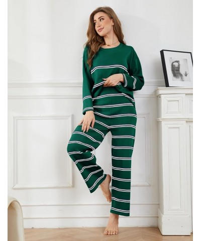 Womens 2 Piece Outfits Lounge Sets Striped Sweater Sets Cozy Knit Long Sleeve Pullover Green $25.14 Activewear