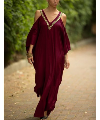 Cold Shoulder Turkish Kaftan Dresses for Women Plus Size Caftans A-wine Red $20.64 Swimsuits