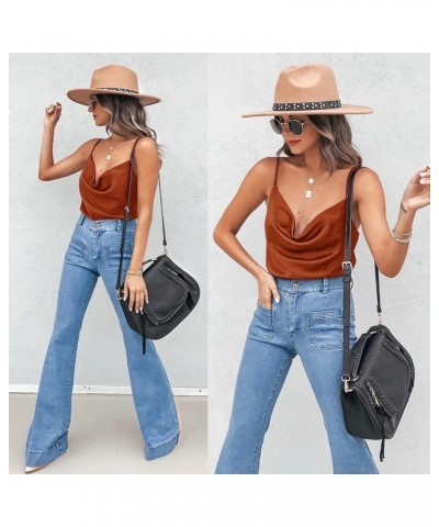 Women's Spaghetti Straps V Neck Satin Camisole Cowl Neck Cami Tank Top Silk Camisole Sleeveless Blouses Caramel $12.55 Tanks