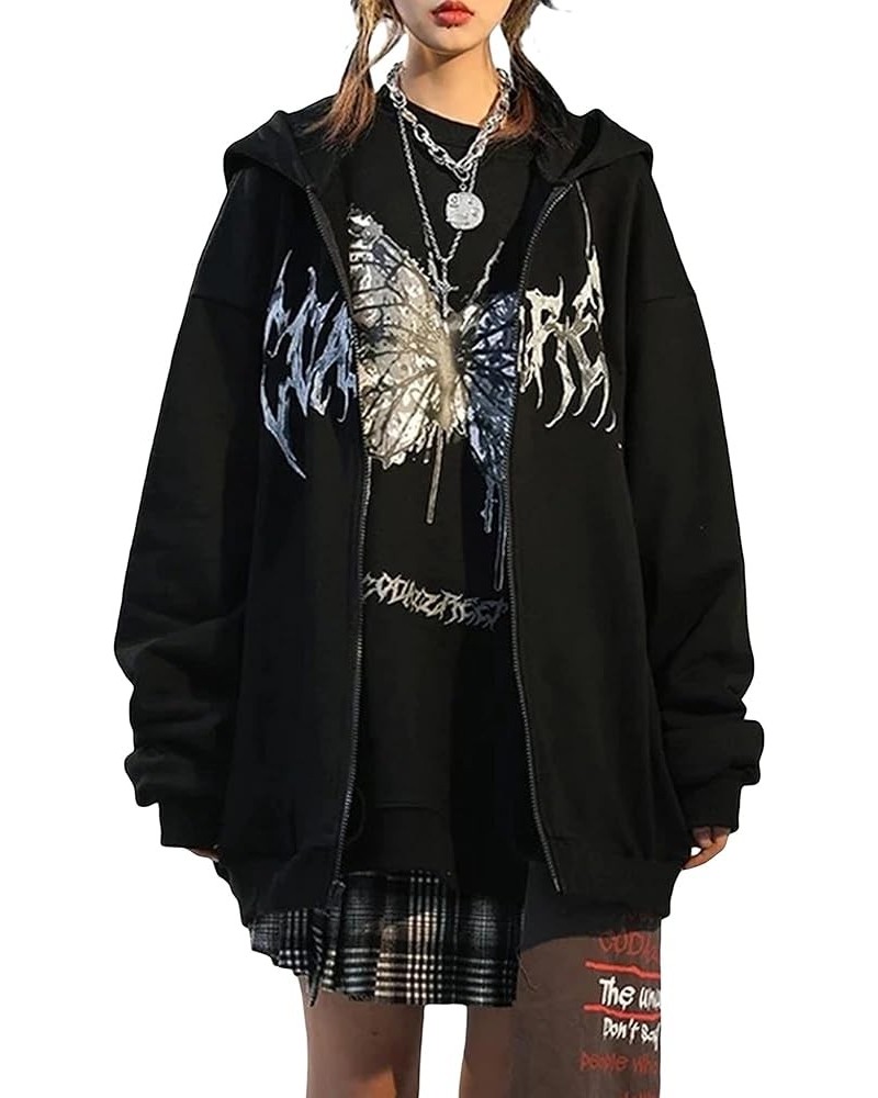 Womens Face Portrait Print Hoodie Long Sleeve Zipper Loose Cardigan Sweatshirt with Pocket 90s E-Girl Streetwear F-black $18....