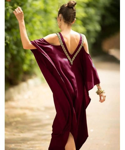 Cold Shoulder Turkish Kaftan Dresses for Women Plus Size Caftans A-wine Red $20.64 Swimsuits