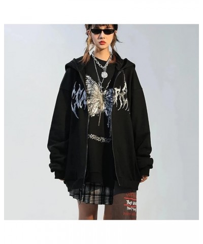 Womens Face Portrait Print Hoodie Long Sleeve Zipper Loose Cardigan Sweatshirt with Pocket 90s E-Girl Streetwear F-black $18....