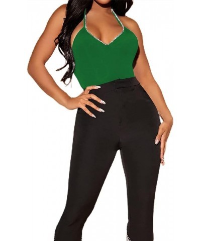 Women's V Neck Sleeveless Open Back Bodysuit Rhinestone Chain Halter Body Suit Green $10.78 Lingerie