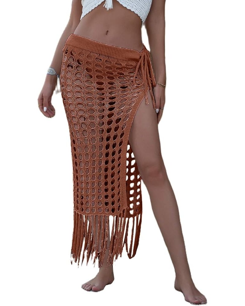 Women's Sarong Cover Up Skirts Sexy Hollow Out Tassle Skirts Bikini Beach Coverups Knitted Crochet Fish Net Beachwear Brown $...