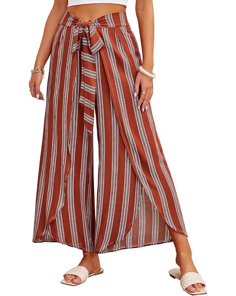 Womens Casual Palazzo High Waisted Flowy Wide Leg Pants Bowtie Front Split Wrap Pants Trousers 2 Rusty Red Stripe $12.30 Pants