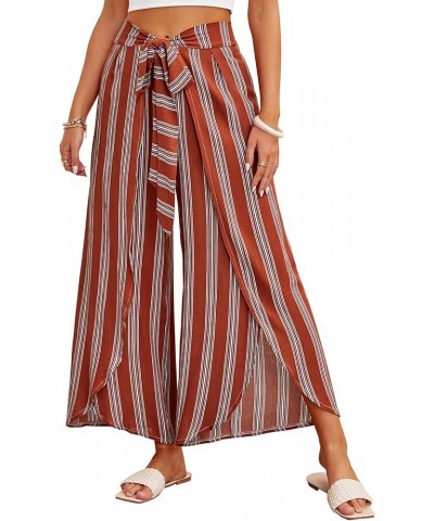 Womens Casual Palazzo High Waisted Flowy Wide Leg Pants Bowtie Front Split Wrap Pants Trousers 2 Rusty Red Stripe $12.30 Pants