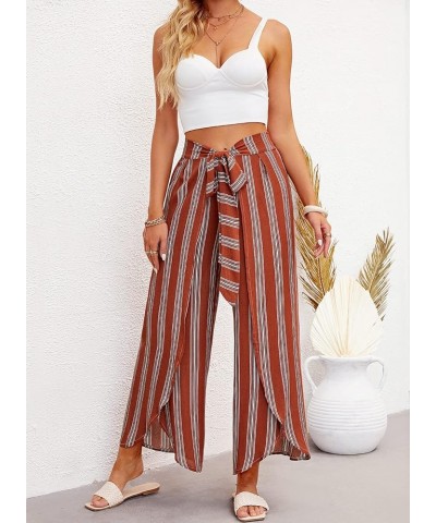 Womens Casual Palazzo High Waisted Flowy Wide Leg Pants Bowtie Front Split Wrap Pants Trousers 2 Rusty Red Stripe $12.30 Pants