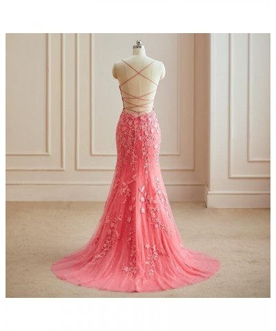 Lace Appliques Mermaid Prom Dresses with Slit Spaghetti Straps Formal Gown Tulle Party Dress for Women Silver $39.13 Dresses