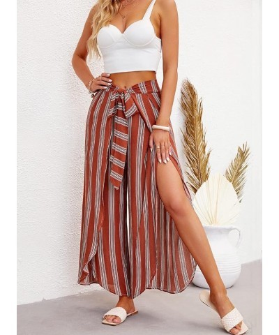 Womens Casual Palazzo High Waisted Flowy Wide Leg Pants Bowtie Front Split Wrap Pants Trousers 2 Rusty Red Stripe $12.30 Pants