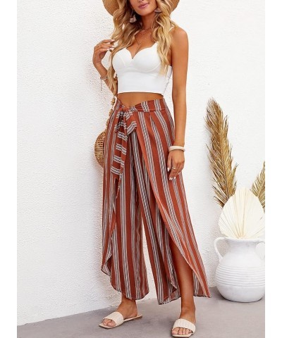 Womens Casual Palazzo High Waisted Flowy Wide Leg Pants Bowtie Front Split Wrap Pants Trousers 2 Rusty Red Stripe $12.30 Pants