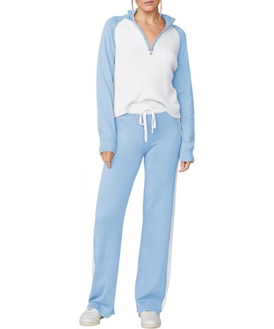 Womens Casual 2 Piece Outfits Zipper Long Sleeve Loose Fit Sweater Suit Straight Pants Tracksuit Sets Blue $27.53 Activewear