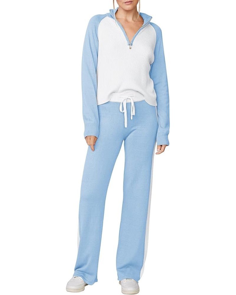 Womens Casual 2 Piece Outfits Zipper Long Sleeve Loose Fit Sweater Suit Straight Pants Tracksuit Sets Blue $27.53 Activewear