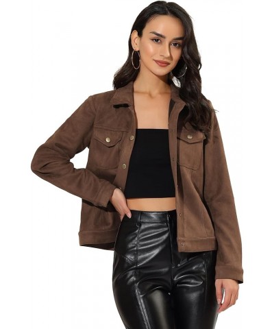 Women's Turn-Down Collar Flap Pockets Snap Button Faux Suede Jacket Coffee $28.80 Jackets