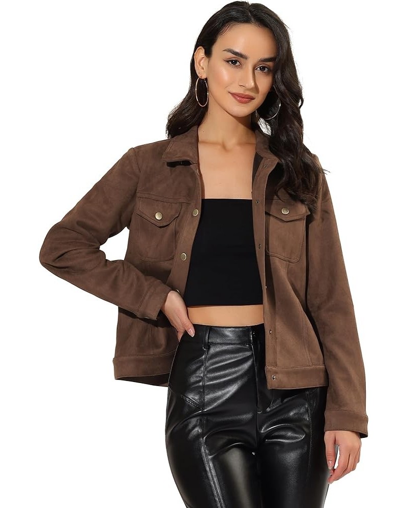 Women's Turn-Down Collar Flap Pockets Snap Button Faux Suede Jacket Coffee $28.80 Jackets