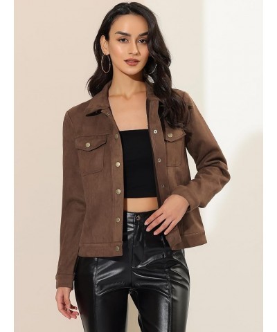 Women's Turn-Down Collar Flap Pockets Snap Button Faux Suede Jacket Coffee $28.80 Jackets