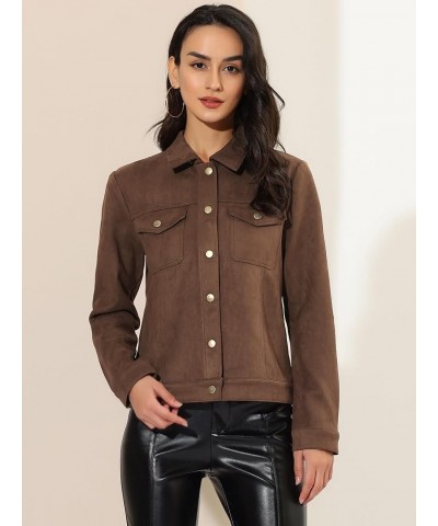 Women's Turn-Down Collar Flap Pockets Snap Button Faux Suede Jacket Coffee $28.80 Jackets