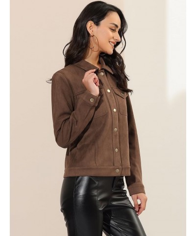 Women's Turn-Down Collar Flap Pockets Snap Button Faux Suede Jacket Coffee $28.80 Jackets